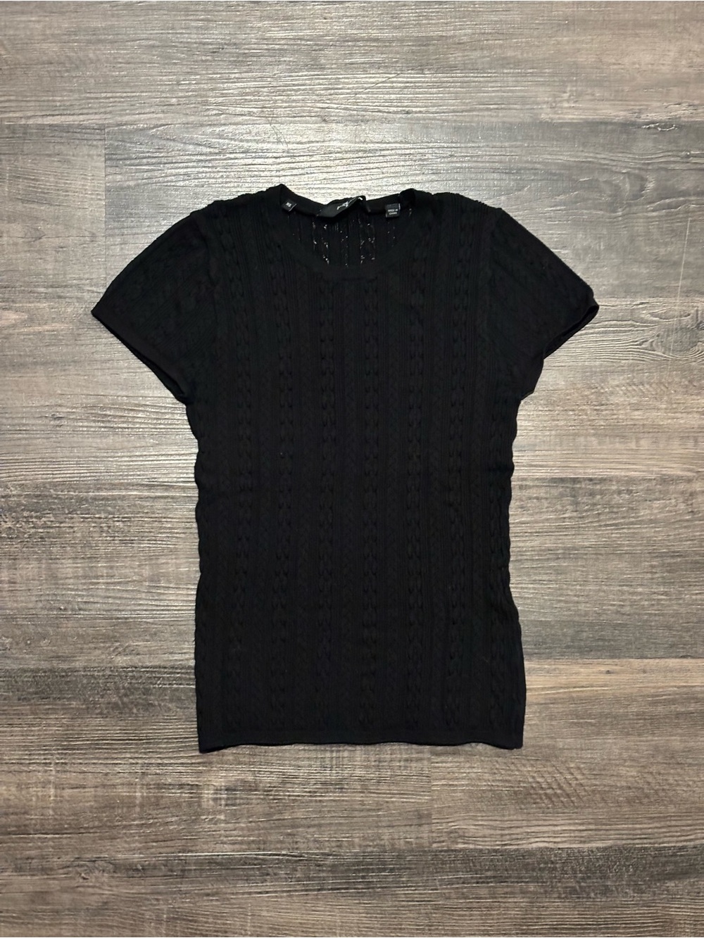 7 For All Mankind Black Cable Knit Short Sleeve Tee